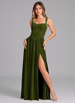 Azazie Francis Robes de demoiselle d'honneur Robe Trapèze en velours Corset Olive image1