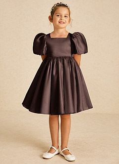 Azazie Muffin Flower Girl Dresses Ganache A-Line with Sleeves Matte Satin Dress image2