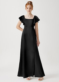 Azazie Bondi Junior Robe Trapèze en Satiné métallisé Fente Latérale Noir image1