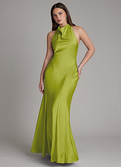 Azazie Sahara Final Sale Agave A-Line Pleated Stretch Satin Dress image1