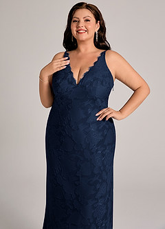 Azazie Tianna Bridesmaid Dresses Dark Navy Sheath Lace Floral Burnout Dress image12