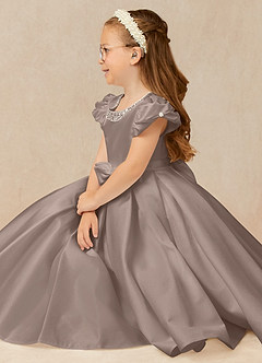 Azazie Jewel Flower Girl Dresses Taupe Ball-Gown Pleated Matte Satin Dress image3