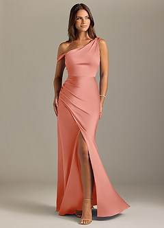 Azazie Madelyn Bridesmaid Dresses Coral Mermaid Off the Shoulder Stretch Satin Convertible Dress image1