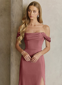 Azazie Saige Bridesmaid Dresses Amethyst Sheath Off the Shoulder Stretch Satin Dress image2