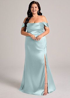 Azazie Saige Bridesmaid Dresses Mist Sheath Off the Shoulder Metallic Satin Convertible Dress image9