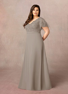 Azazie Singer Mother of the Bride Dresses Taupe A-Line V-Neck Lace Chiffon Dress image8