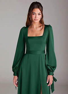 Azazie Leonia Vestidos de damas de honor Vestido de Verde Oscuro de Satén Elástico de Corte en A con Manga larga image6