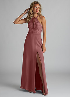 Azazie Rona Bridesmaid Dresses Desert Rose A-Line Lace Chiffon Dress image3