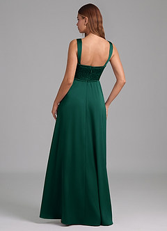 Azazie Rosaline Bridesmaid Dresses Emerald A-Line Side Slit Stretch Satin Dress image2