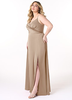 Azazie Dalilah Bridesmaid Dresses Taupe A-Line V-Neck Pleated Stretch Satin Dress image8