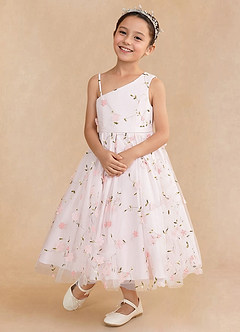 Azazie Ivilia Flower Girl Dresses Blushing Pink A-Line One Shoulder Tulle Dress image4