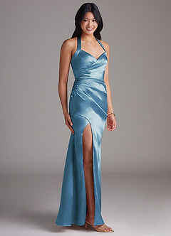 Azazie Emeria Bridesmaid Dresses Steel Blue Sheath Side Slit Metallic Satin Dress image6