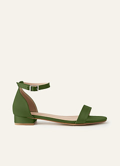 front Matching Color Matte Satin Single Strap Ankle Buckle Block Flat Sandals