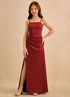 Azazie Cannoli Girls Formal Flower Girl Dresses Pomegranate A-Line Pleated Stretch Satin Dress image5