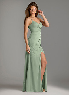 Azazie Maci Bridesmaid Dresses Dusty Sage Sheath Pleated Mesh Dress image4