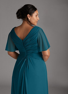 Azazie Emmeline Mère de la mariée Robes Robe Trapèze en Maille Col V plissé Bleu Encre image11