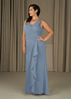 Azazie Evy At-home Try On Dresses Dusty Blue A-Line Pleated Stretch Chiffon Dress image6