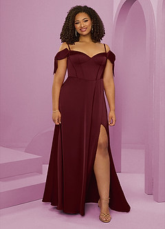 Barbie ♥ Azazie Bridesmaid Dresses Cabernet A-Line Off the Shoulder Stretch Satin Dress image8