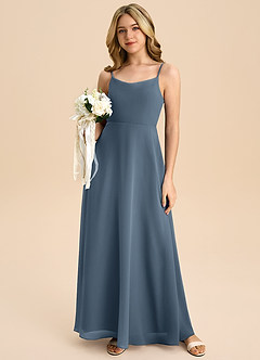 Azazie Shale Junior Vestido de Neptuno de Gasa de Corte en A con Lazo image5