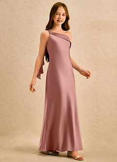 Azazie Almond Girls Formal Sukienki dla dziewczynek sypiących kwiaty Osłona Jedno ramię Satyna elastyczna Długość podłogi Sukienka image5