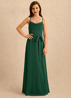 Azazie Jasslyn Girls Formal Robe Demoiselle D'honneur Fillette Robe Trapèze en Mousseline de soie Plissée Vert Foncé image4