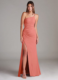 Azazie Eren Vestidos de damas de honor Vestido de Rosa Salmón de Gasa de Corte Recto con Hombro unilateral image3