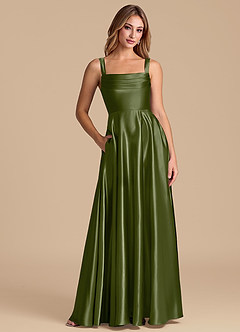 Azazie Shaude Bridesmaid Dresses Olive A-Line Pleated Metallic Satin Dress image1
