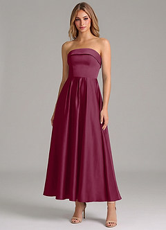 Azazie Lucienne 신부 들러리 드레스 A라인 주름진 스트레치 새틴 발목 길이 드레스 image1