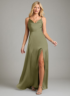 Azazie Sarella Vestidos de damas de honor Vestido de Pistacho de Satén Elástico de Corte en A con Plisado image6