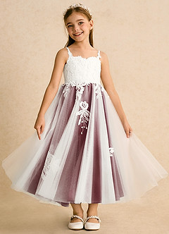 Azazie Coraline Flower Girl Dresses Ivory Burgundy A-Line Lace Dress image3