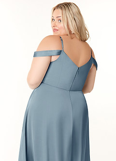 Azazie Ocean Bridesmaid Dresses Dusty Blue A-Line V-Neck Pleated Stretch Satin Dress image6