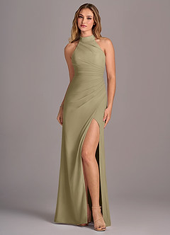 Azazie Jemma Bridesmaid Dresses Moss Green Sheath Pleated Chiffon Dress image1