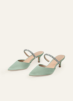 front Matching Color Stretch Satin Rhinestone Slip-on Kitten Heels