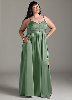 Azazie Alia Vestidos de damas de honor Vestido de Matcha de Satén Elástico de Corte en A con Plisado image11