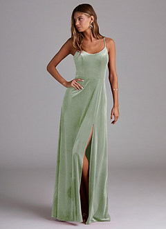 Azazie Moira 신부 들러리 드레스 A라인 포켓이 있는 벨벳 바닥 길이 드레스 image4