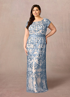 Azazie Dorit Mother of the Bride Dresses Dusty Blue Champagne Sheath Scoop Lace Dress image7