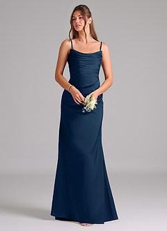 Azazie Lucille Vestidos de damas de honor Vestido de Azul Marino Oscuro de Satén Elástico de Corte Sirena Convertible con Sin tirantes image7