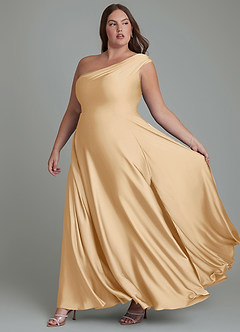 Azazie Melanie Jurken voor bruidsmeisjes Jurk van Stretch Satijn met A-lijn Off-shoulder Goud image10