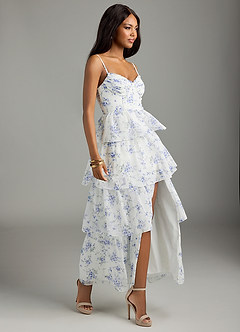 Azazie Kaiden Bridesmaid Dresses Blue Cottage Floral A-Line Sweetheart Neckline Chiffon Dress image10