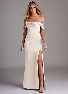 Azazie Saige Bridesmaid Dresses White Alabaster Sheath Off the Shoulder Stretch Satin Dress image3