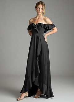 Azazie Lyra Bridesmaid Dresses Black A-Line Off the Shoulder Stretch Satin Convertible Dress image7