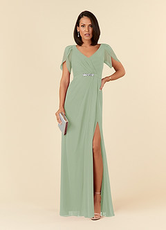 Azazie Marianne Mother of the Bride Dresses Dusty Sage Sheath V-Neck Pleated Chiffon Dress image1