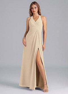 Azazie Dorota Bridesmaid Dresses Champagne A-Line Pleated Chiffon Dress image3