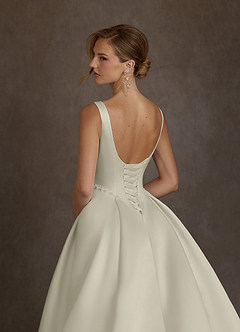 Azazie Odette Wedding Dresses Cream Ball-Gown Boatneck Satin Dress image8