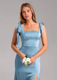 Azazie Frostine Bridesmaid Dresses Steel Blue A-Line Bow Stretch Satin Dress image4