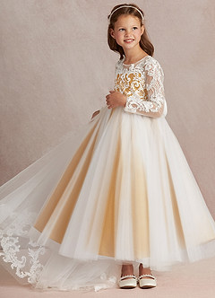 Azazie Elodie Robe Demoiselle D'honneur Fillette Robe Princesse en Dentelle Ivoire Caramel Au Beurre image5