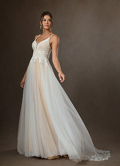 Azazie Devi Wedding Dresses Diamond White Champagne A-Line V-Neck Lace Tulle Dress image1