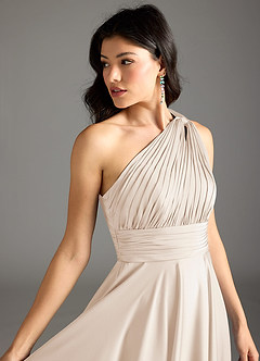 Azazie Charlize Bridesmaid Dresses White Alabaster A-Line One Shoulder Stretch Satin Dress image15