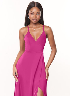 Azazie Maksim Bridesmaid Dresses Fuchsia A-Line V-Neck Stretch Satin Dress image5