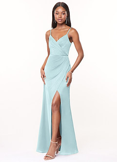 Azazie Maci Brautjungfernkleider A-Linie V-Hals Gefaltet Stretch-Satin Kleid Wolke Blau image3